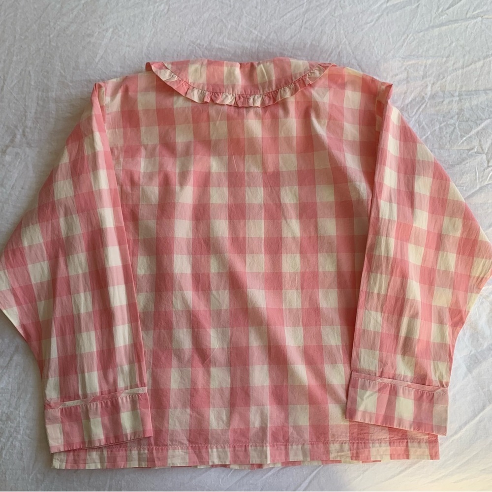 NWT Doen Paz Cotton Pink Ruffle Collar Pajama Blouse Top Rosette Gingham - Picture 10 of 11